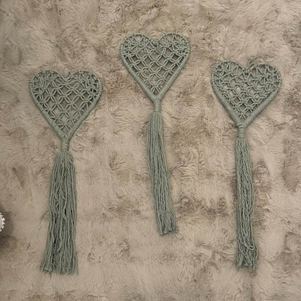 Set of 3 Boho Macramé Heart Wall Hangings – Rustic Handmade Tassel Decor